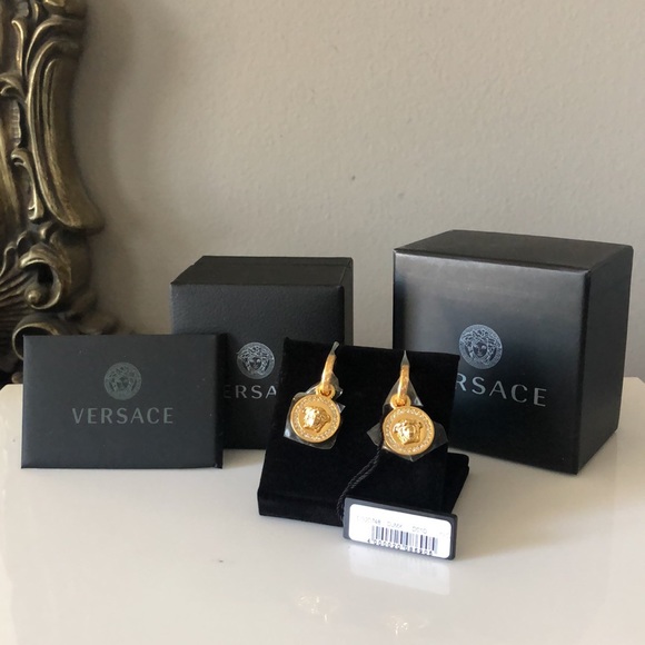 VERSACE Gold tone Greca Medusa Drop Earrings with Crystals - Picture 4 of 15